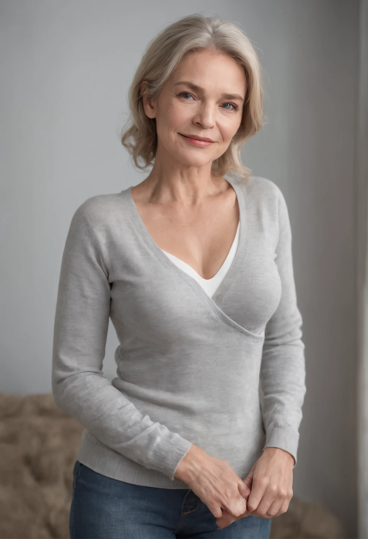 1woman 70 years old, thighs up three-quarter length actor headshot photo, old lady, perfectly coiffed chin length bobbed hair with square bangs, perfectly coiffed golden blonde hair, aging overweight Louise Lasser lookalike, small breasts in a push-up bra, clear and distinct wrinkles and age spots and other signs of aging, lots of wrinkles and liver spots on her breasts, chest, face, neck, heavy crows feet, frown lines, she has lots of distinct dark freckles on her small breasts and chest, Regarder camera, dark blue eyes, Joaillerie, corps entier, entier, Collier, nez, chandail, minora, ultra-Realistic, nez, Rue de nuit, happy smile, large extra white cosmetic enhanced teeth, extra tight fitting baby cardigan sweater over a white scoop-neck t-shirt, tight gray flannel hip hugger slacks, exposed midriff and navel, round aging tummy, black pointy leather high heeled boots, f/5.6, empty office space converted to photo studio is out of focus in the distant background with dramatic 2 light down spot light effect of light and shadow on the walls and floor, old office sashed windows visible and out of focus in the background,