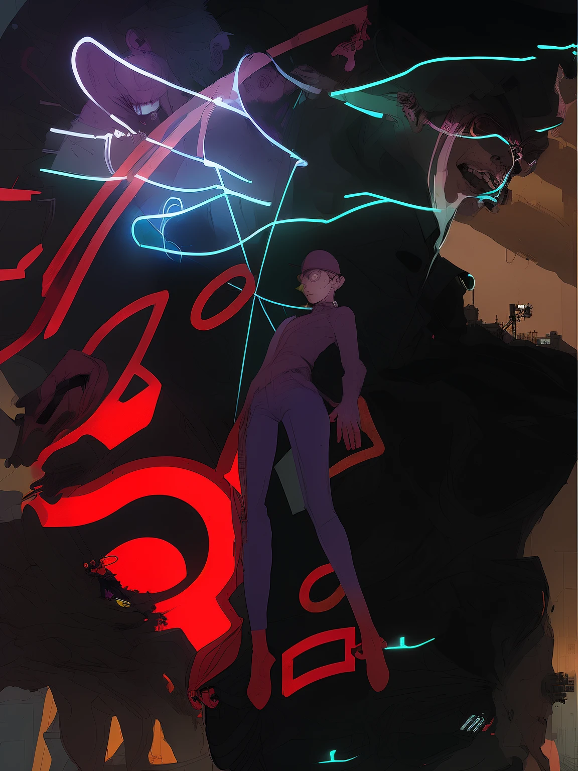 There is a man in a hat standing on the clock, Inspired by Tomer Hanuka, loish |, Anne Leonhardt in Neon City, Advanced Digital Animation Art”, persona 5 art style wlop, digital art of an elegant, Joao Ruas, expressive digital painting, art-style : Ilya Kuvshinov sty