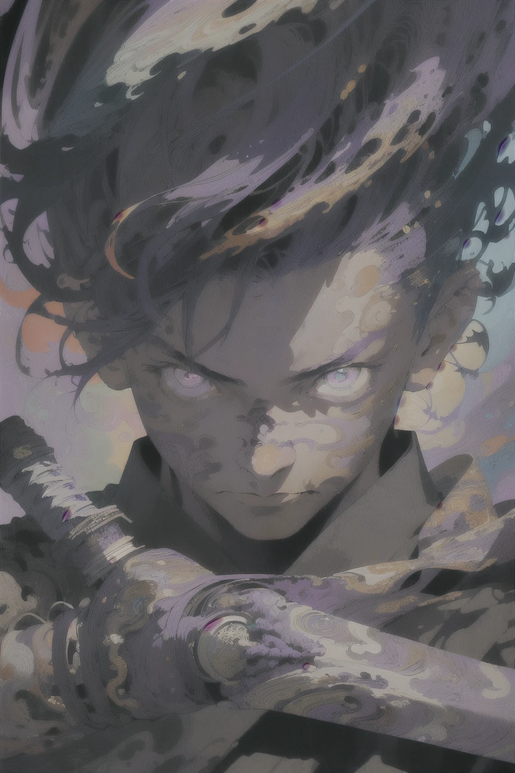 Realistic, (Masterpiece, Top Quality, Best Quality, Official Art, Very Detailed, Fractal Art, Colorful, Most Detailed, (Abstract Background: 1.5) (1boy: 1.3), cyborg samurai, Short Hair, (Glowing purple Eye), , Handsome Male, japanese style, holding a katana