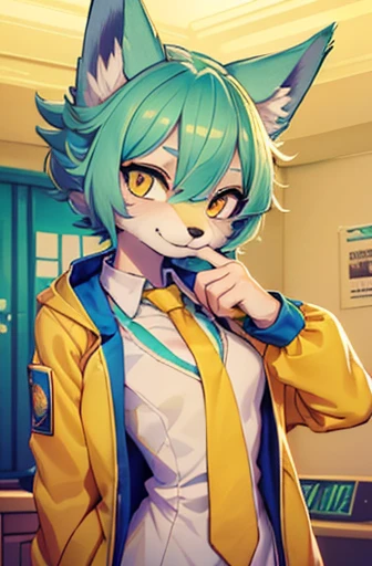 A beautiful small breasted wolf girl with vibrant colours stands in an apartment interior. She has mint green short ((scruffy hair)) and glowing yellow eyes. She is wearing a ((golden scientist jacket with a gold necktie)). The overall atmosphere is filled with vibrant colours and a sense of elegance. ((detailed features)), ((detailed fingers, precise fingers,)) (((not unnatural hands)))