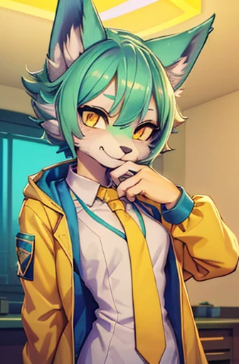 A beautiful small breasted wolf girl with vibrant colours stands in an apartment interior. She has mint green short ((scruffy hair)) and glowing yellow eyes. She is wearing a ((golden scientist jacket with a gold necktie)). The overall atmosphere is filled with vibrant colours and a sense of elegance. ((detailed features)), ((detailed fingers, precise fingers,)) (((not unnatural hands)))