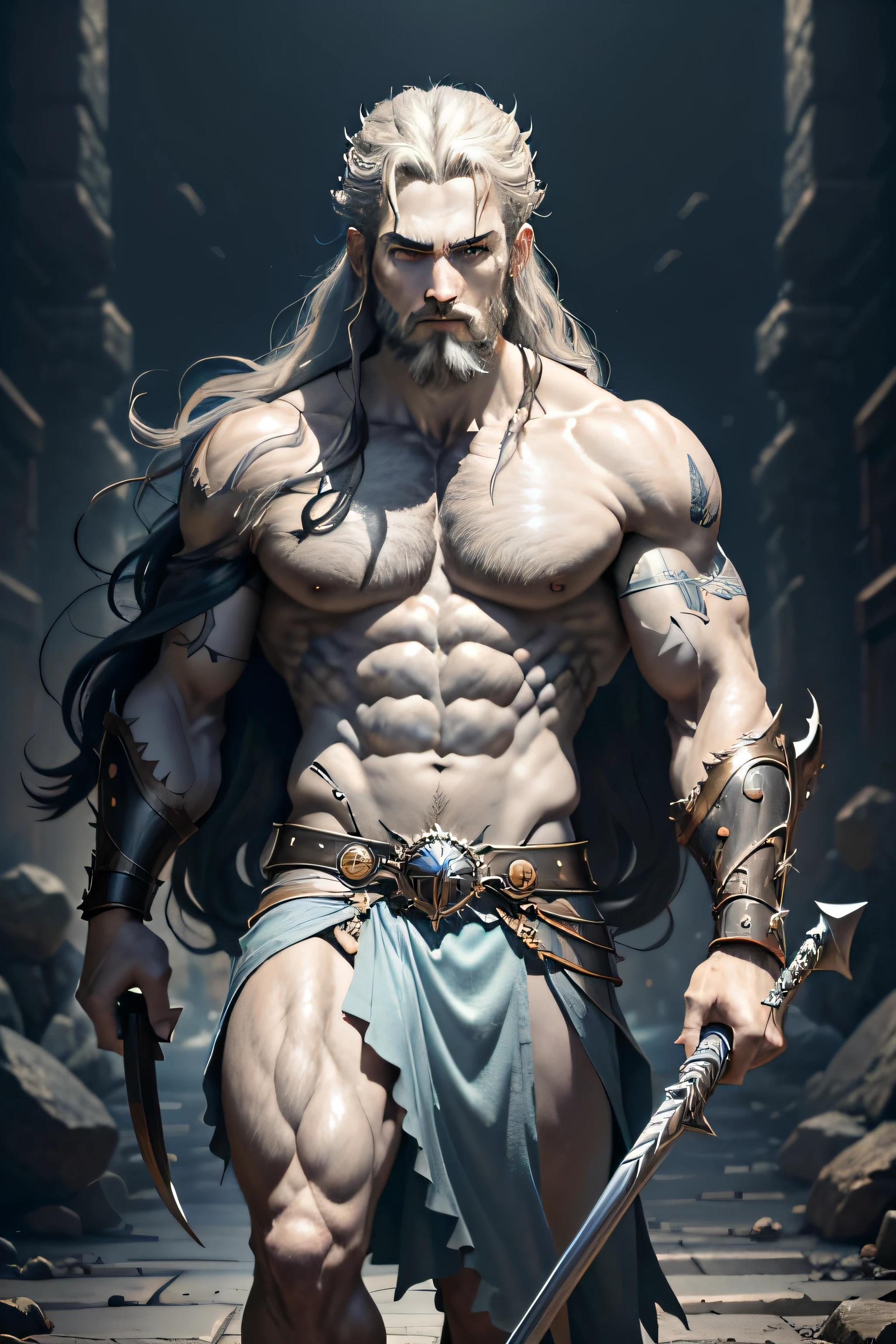 ((Best Quality)), ((Masterpiece)), (Detailed), image of Hades the Greek, (mythology: 1.2), (Majestic appearance: 1.1), loose beard and hair, muscular physique, Wearing a crown trident (The Realm of the Underworld: 1.1), (A powerful creature: 1.2), (Divine aura: 1.1), (domineering look: 1.1), 8K разрешение Viking, rocker, Rockstar, Cool, glare, radiance, spectrum, titanium, titanium, warrior, samurai, Bankai