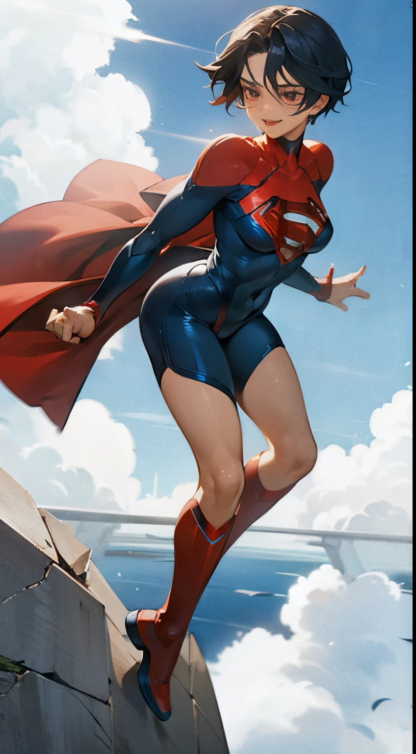 Anime perfect SUPERGIRL body woman, blue short hair, iluminated red eyes, red lips, perfect small breasts, flying between clouds  in ambient artic, perfect body, sexy smile, Supergirl