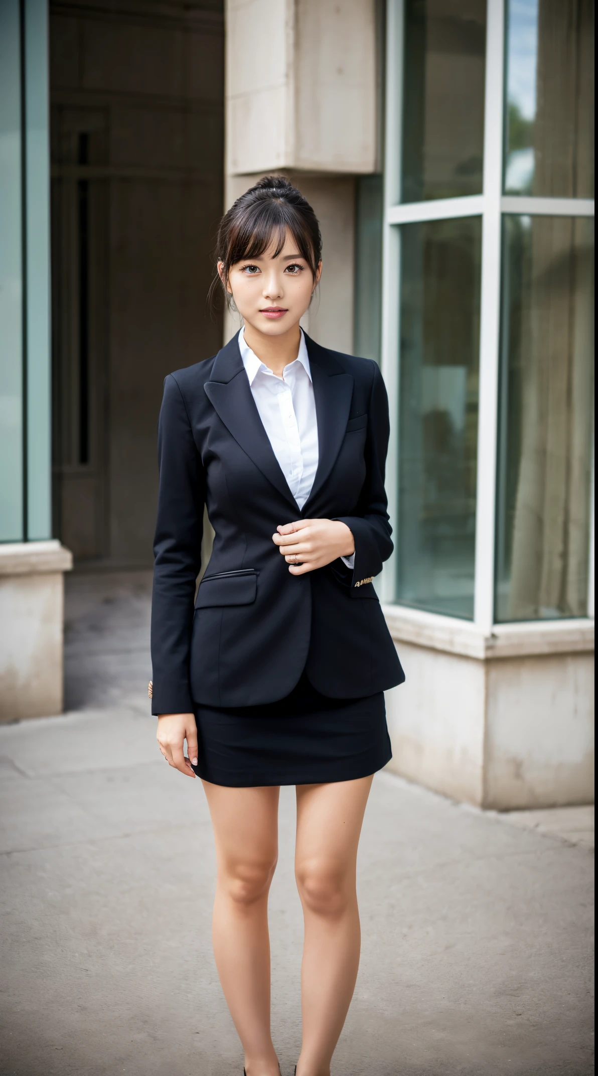 (masutepiece,High quality:1.3),(depth of fields:1.3) ,((front body:1.35)),  Japanese ,beautiful woman,Chignon,Black business suit,collared shirt, business skirt,Huge breasts,(Looking at Viewer:1.3),(Full body:1.1),