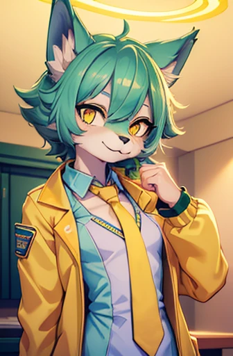 A beautiful small breasted wolf girl with vibrant colours stands in an apartment interior. She has mint green short ((scruffy hair)) and glowing yellow eyes. She is wearing a ((golden scientist jacket with a gold necktie)). The overall atmosphere is filled with vibrant colours and a sense of elegance.