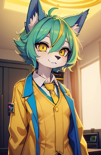 A beautiful small breasted wolf girl with vibrant colours stands in an apartment interior. She has mint green short ((scruffy hair)) and glowing yellow eyes. She is wearing a ((golden scientist jacket with a gold necktie)). The overall atmosphere is filled with vibrant colours and a sense of elegance.