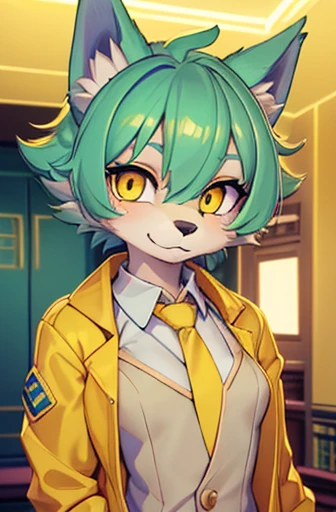 A beautiful small breasted wolf girl with vibrant colours stands in an apartment interior. She has mint green short ((scruffy hair)) and glowing yellow eyes. She is wearing a ((golden scientist jacket with a gold necktie)). The overall atmosphere is filled with vibrant colours and a sense of elegance.