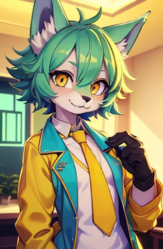 A beautiful small breasted wolf girl with vibrant colours stands in an apartment interior. She has mint green short ((scruffy hair)) and glowing yellow eyes. She is wearing a ((golden scientist jacket with a gold necktie)). The overall atmosphere is filled with vibrant colours and a sense of elegance.