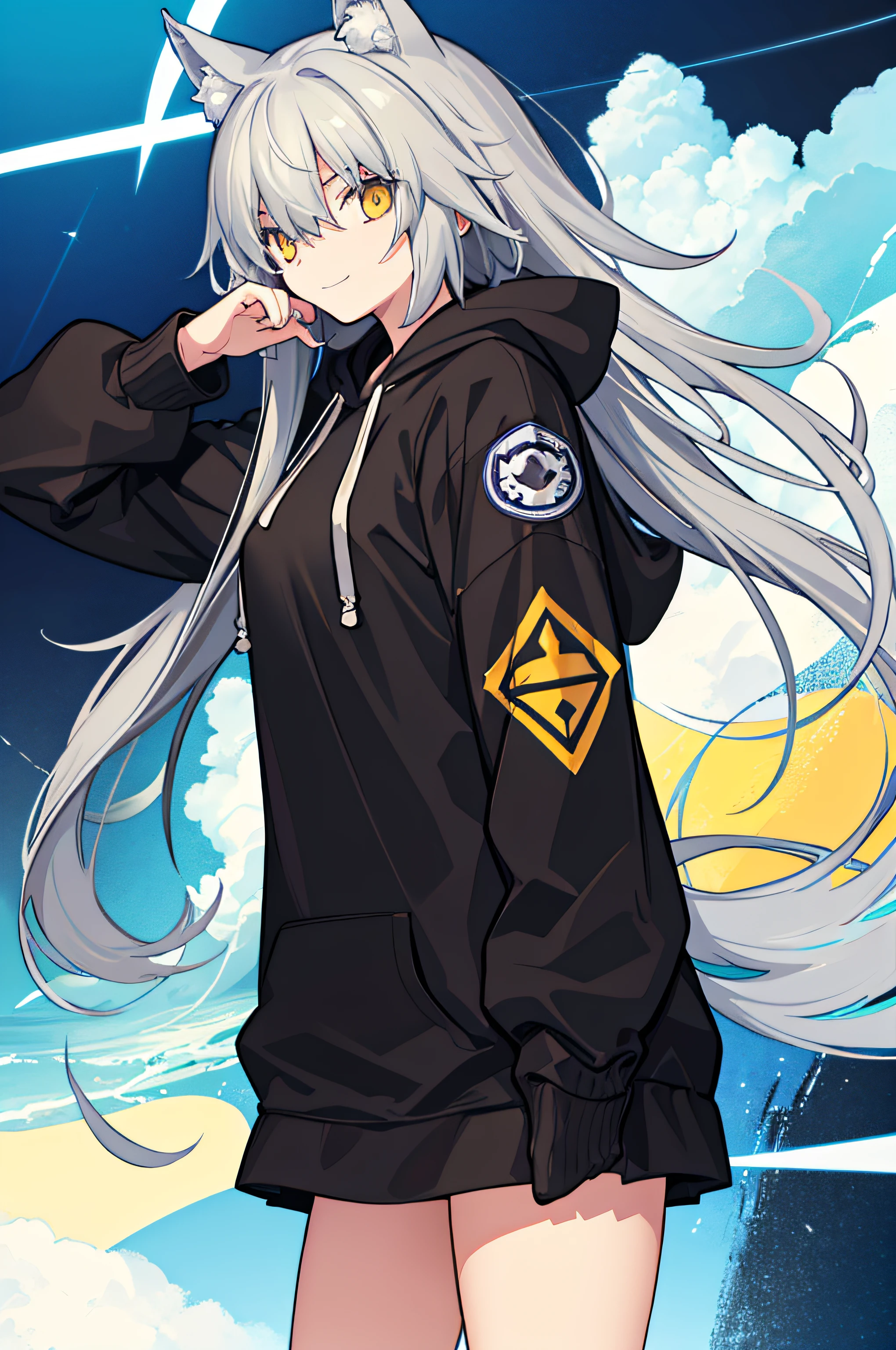 superfine illustration,1girl in,(simple background),((Black hoodie)),Hair over one eye,(Tachi-e),(Standing),Cowboy Shot,Grey Hair,Yellow eyes,Wolf ears,lightsmile,medium breasts