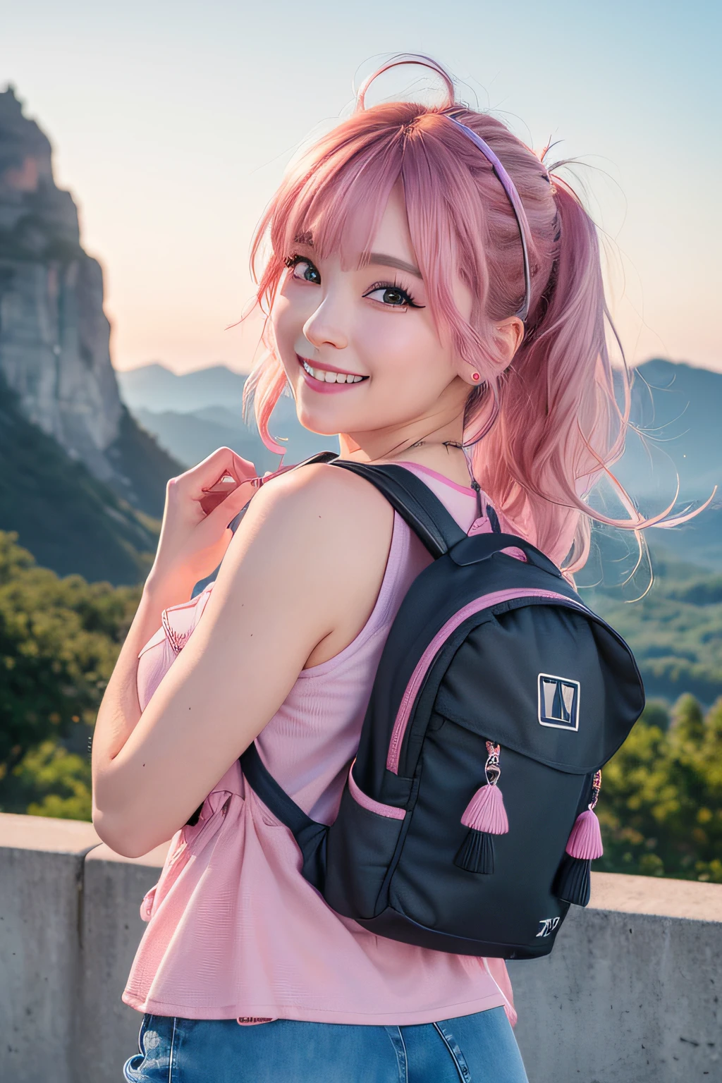 (Highly detailed CG Unity 8k wallpaper, of the highest quality, Ultra-detailed, High resolution, masutepiece, Realistic, Photorealistic:1.5), (cute Japanese girls), extra detailed face, Face Focus, Beautiful detailed eyes, Eye focus, (Detailed background), detailed clothes, super detailed skin, (She's wearing a cute pink tank top:1.6), (Wearing a backpack:1.6), (mont:1.5), Midi wavy hair, Brown hair, Floating hair, medium breasts, medium ass, (make up), (Adorable smile:1.3), (POV:1.4),