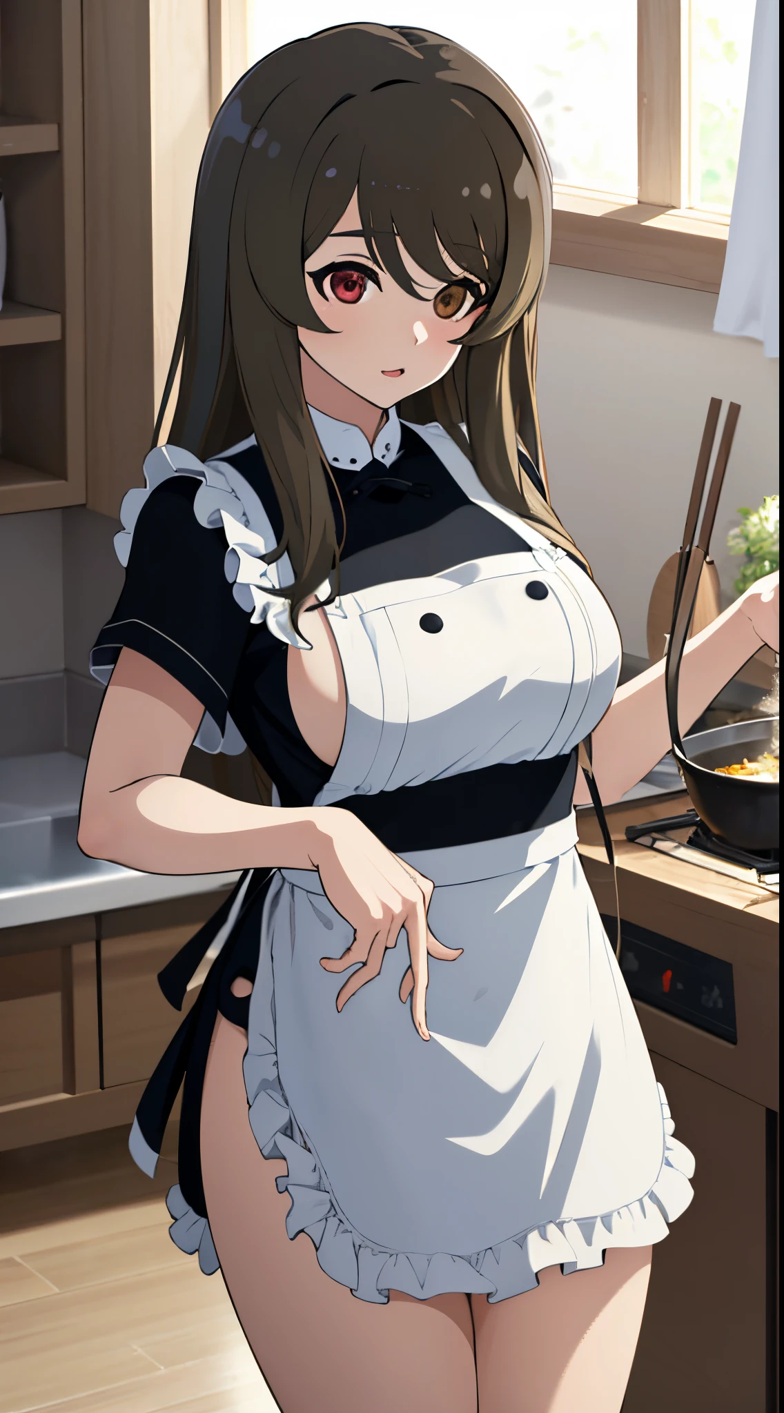 masterpiece, best quality, absurdres , perfect anatomy , kuo shenlin , cooking Fried rice , (((busty))) , Lustrous skin , apron