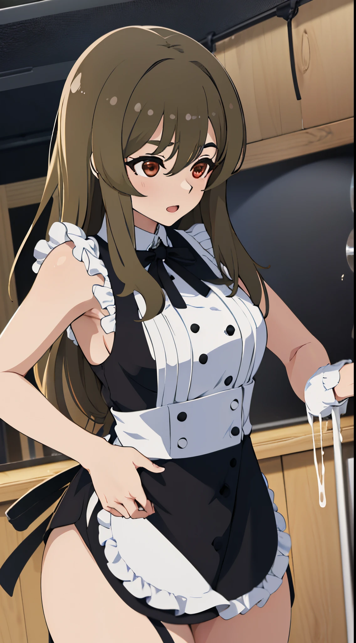 masterpiece, best quality, absurdres , perfect anatomy , kuo shenlin , cooking Fried rice , (((busty))) , Lustrous skin , apron