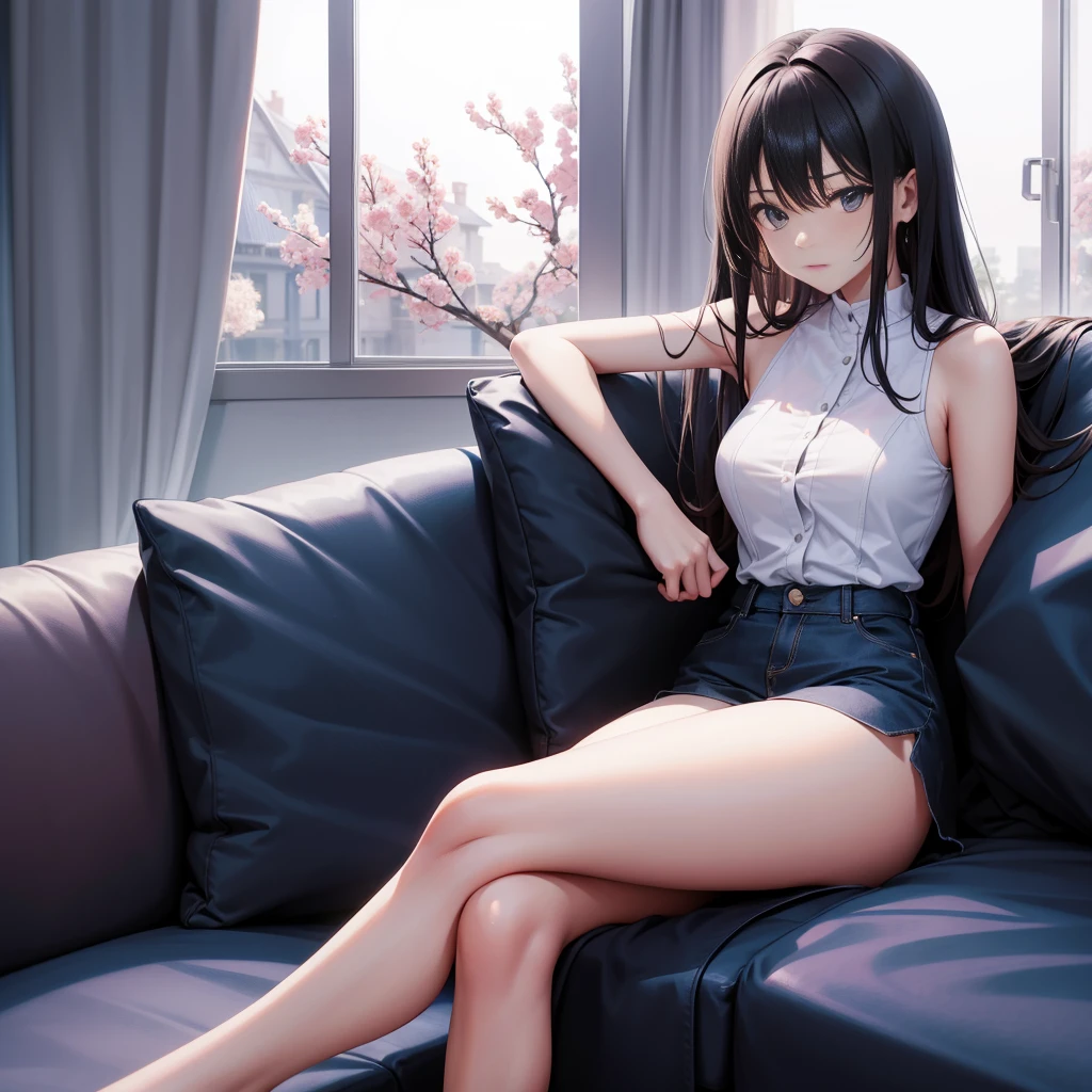 Leaning on the couch、Raise both legs, An ultra-high picture quality, Super Detail, 超A high resolution, Anime, Manga, Illustration, Super cute beauty、dynamicposes、