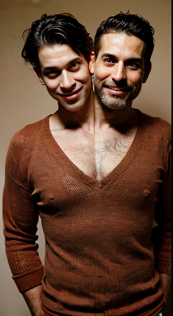 hand on own chest, , small penis, (flaccid), medium , , short brown hair, body hair, facial hair, detailed eyes, simple background ,(2heads), conjoined dicephalus