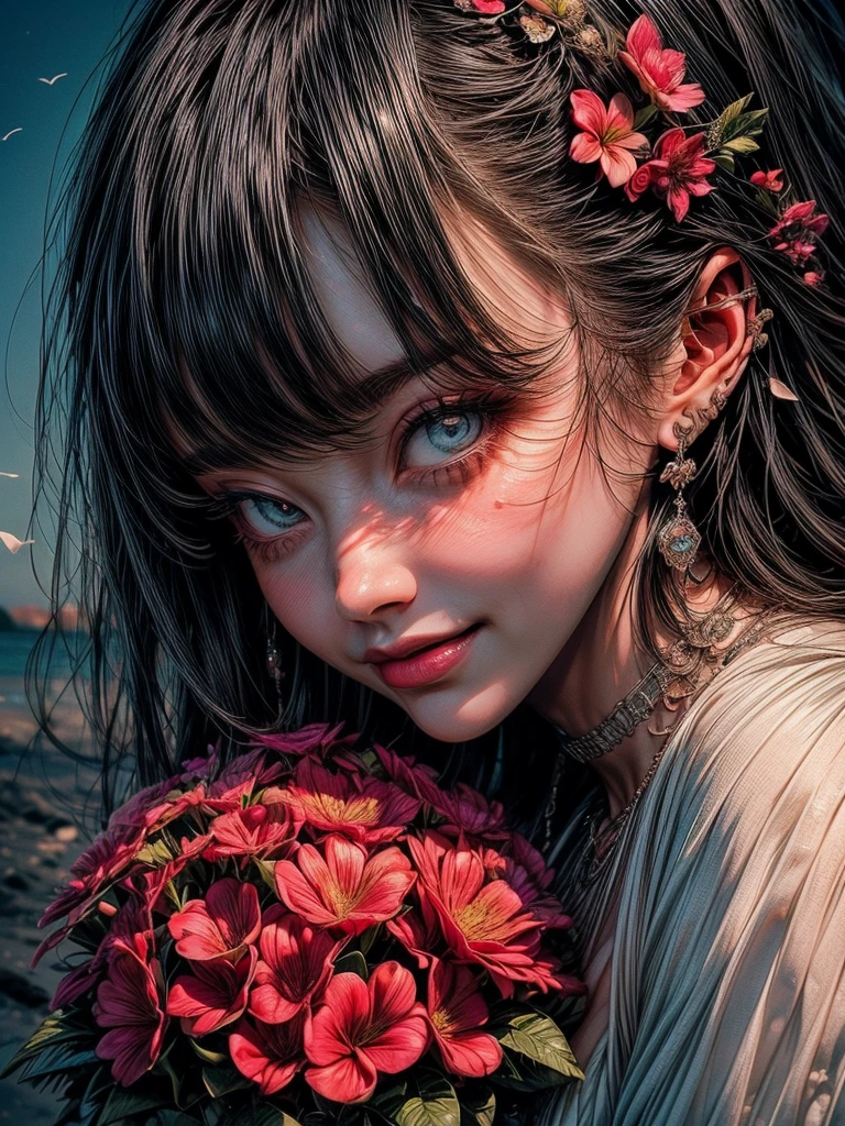 (masutepiece, Digital Art, Digital Illustration, 4K, 8K, Ultra-detailed, beautiful image, Sharp Image, Photorealistic, Raw photo, Perfect face, Perfect lines, Perfect eyes, Soft lighting) ,1 woman, (Long Black Hair,straight haired,Bullish gaze,Beautie,ellegance,Solid makeup,23 y-o woman,small tits:1.3),Two handsome men in suits, (ember,well-muscled,Firm shoulder width, Man's,Boyish hairstyle,English gentlemanly style,Man in his 30s with a cool expression,28-year-old man with bright smile:1.2),Show white teeth and smile(embarrassed from,Shy smile:1.1),shores,Beach,beach wedding、innocent smiles,Laugh、couple kissing、kiss、the kiss、Romance、Mermaid Line Wedding Dresses、Wedding、Bouquet of plumeria