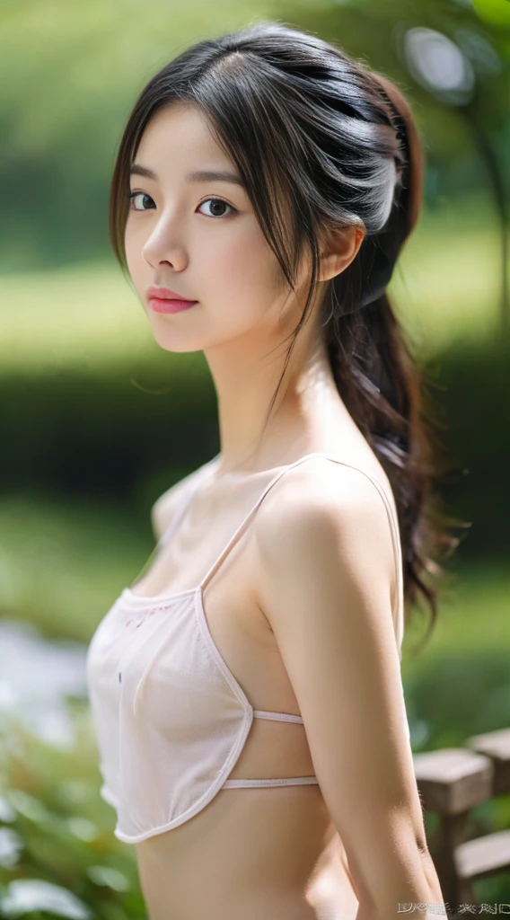 best qualtiy，resolution,unity 8k wallpaper,(illustration:1),perfect lighting,photo_\(medium\),photorealistic,realistic, finely detail,extremely detailed, Upper Body，Refined face，a cute 12 year old asian little girl，Slim body，Smaller bust，White transparent Hanfu，greasy(4:1)，Sweat Wet(7:1)，grimy(10:1), wet breasts, wet body，white cloths, see-through hanfu，wet and transparent Chinese traditional hanfu, wet and transparent white colour Hanfu ( black colour bra inside the cloth)