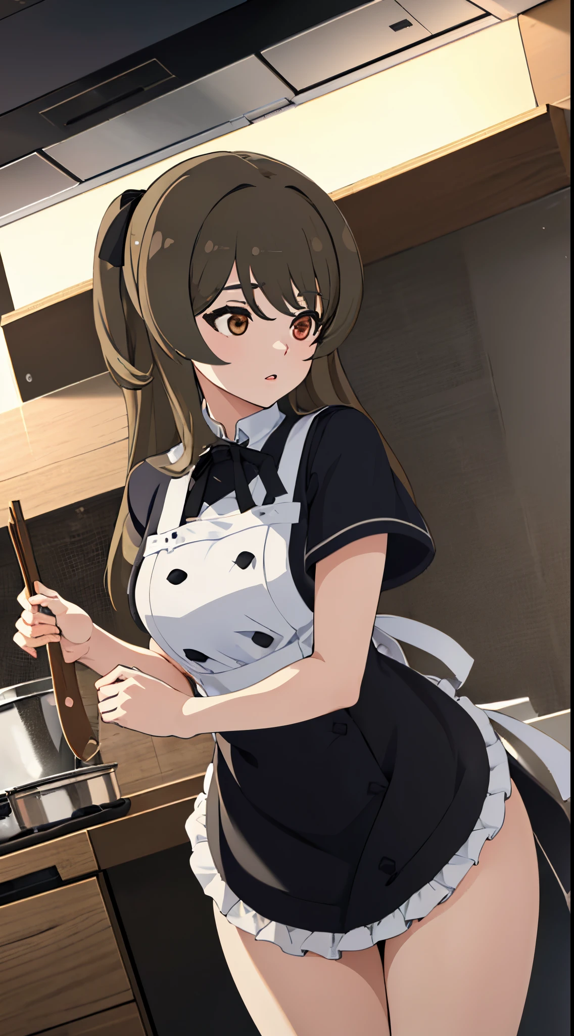 masterpiece, best quality, absurdres , perfect anatomy , kuo shenlin , cooking Fried rice , (((busty))) , Lustrous skin , apron