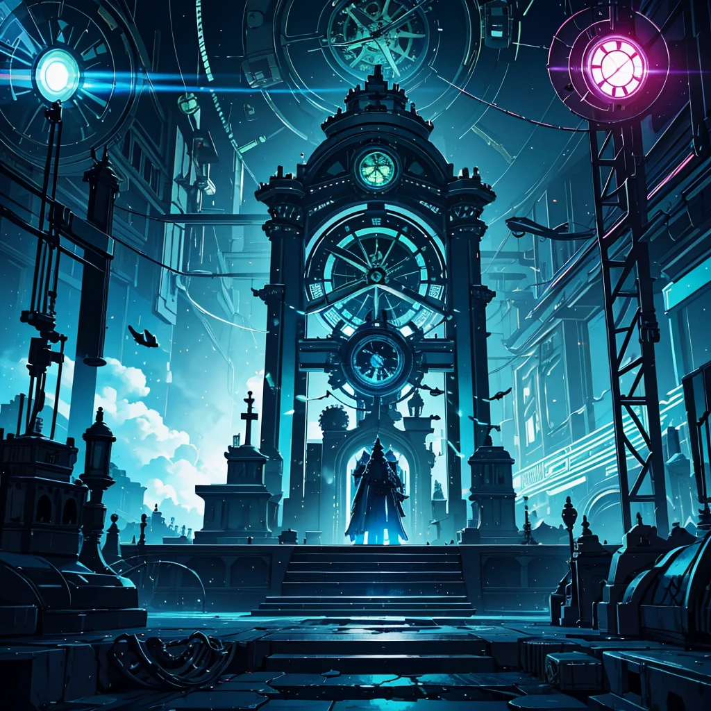 absurdres, best quality, fine detailed, 8k, no humans, blue sky, white cloud, Many huge colorful clocks and gears and green circuit diagram floating in a dimly lit large room, a huge clock decorated with silver crystal texture, white gears of various sizes, elaborately constructed altar, clock-themed ornament, silver chain, cyberpunk, ray tracing, refraction, cinematic lighting, fisheye lens, tyndall effect