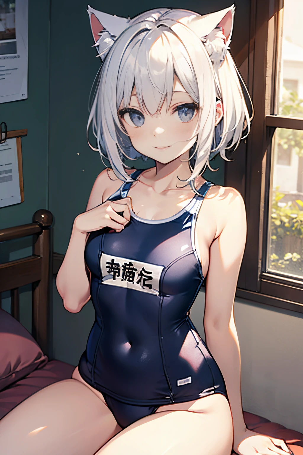 hiquality、top-quality、Full limbs、The ultra -The high-definition、complete fingers、Slender beauty、ssmile、white  hair、cat ear、Wearing a shiny white school swimsuit、shinny skin、large udder、Physical education sitting、Bedrooms、Dramatic Writing