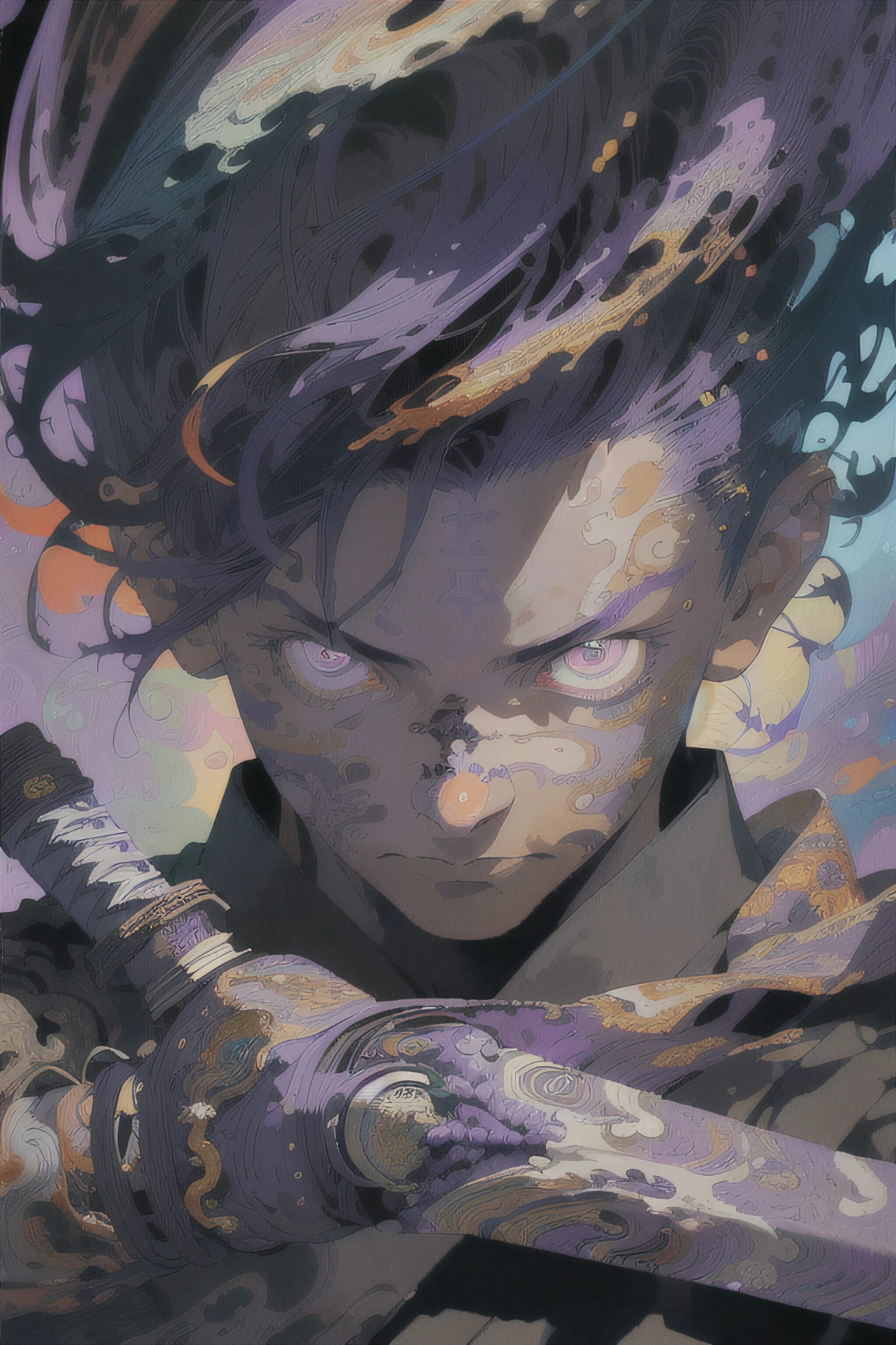 Realistic, (Masterpiece, Top Quality, Best Quality, Official Art, Very Detailed, Fractal Art, Colorful, Most Detailed, (Abstract Background: 1.5) (1boy: 1.3), cyborg samurai, Short Hair, (Glowing purple Eye), , Handsome Male, japanese style, holding a katana