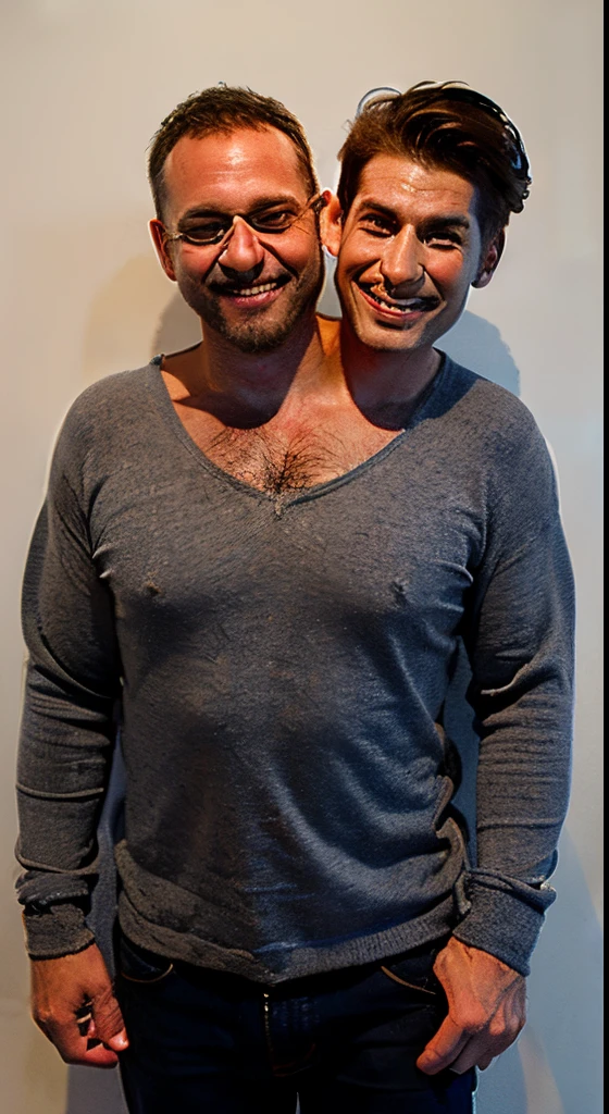 2heads, two headed man, (45 year old man:1.5), (male:1.5), (two heads attached to one body:1.4), facial hair, sweater, low plunge neckline, swestpantig bulge)), conjoined twins, heads side by side, one torso, uncomfortable, barefoot, fill body, masterpiece((2heads))