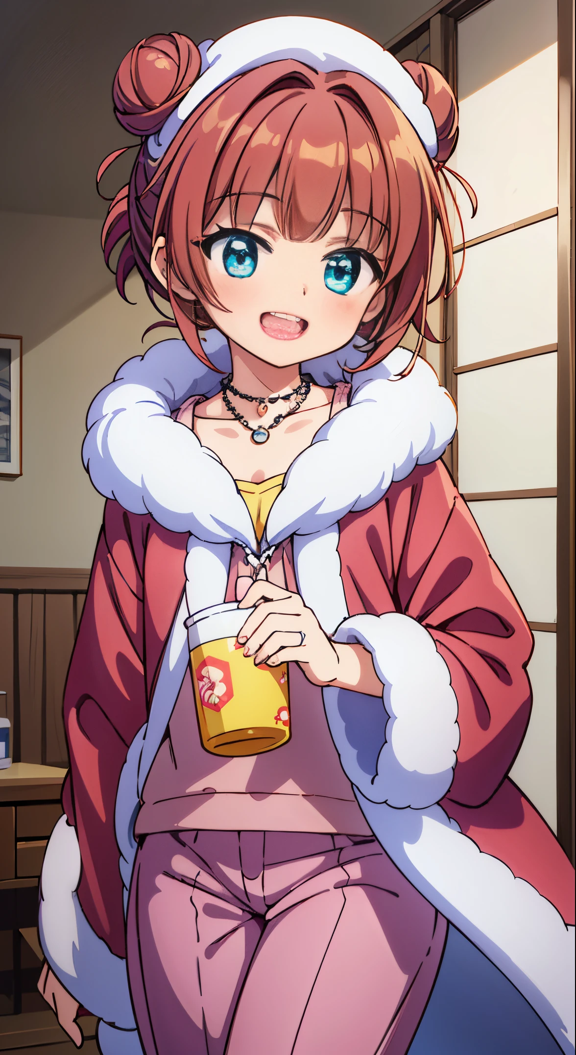(masutepiece, Transparent air, Transparent eyes,Best Quality, Perfect Anatomy, High quality:1.4), absurderes, absolutely resolution, unbelievable Ridiculous, hight resolution, ultra-detailliert, Official art, Unity 8k壁纸, Kinetic typography,nice hand, Perfect hands, Detailed beautiful hands, Large_filesize, fulcolor, hight resolution, symmetric, exceptional, Best aesthetic, newest, Anime, very beautiful detailed body,The hair,faces,The eye, BREAK, 1 beautiful girl, (Cute:1.5), (Chibi: 0.8), (kawaii: 1.5), (Lori: 0.5), (17 years old girl), BREAK(Red hair, short-hair,2 hair buns,Blunt bangs:1.4),(:D,grin:1.3),{Heterochromia,pale blue eyes,pale green eyes, Eye Highlights,The first hyperfine stars:1.5},Star eyes silhouette thick eyelashes, Double eyelids:1.2),(de pele branca),BREAK,Clear skin,Beautiful skin, ,(best quality face),(Top quality glowing eyes),(The best smile,:D:1.45) ,
Winter Wonderland Pajama Party Look,
A cute fleece pajama set with Christmas characters such as reindeer and penguins....,
Long sleeves and full-length pants to keep you warm on cold nights,
Perfect fit with rolled-up sleeves and pants,
Fuzzy slipper socks in holiday colors and patterns,
Luxurious robe with hood and festive trim for added comfort,
BREAK with fuzzy gloves is a great outfit、Complete your cozy ensemble,
Cute Messy Bun Beanie in festive colors, red or green,
Accessories such as hot cocoa mug-shaped necklaces and earrings,
Minimal makeup with rosy cheeks for a sweet bedtime look,
(upward looking gaze :1.2) ,
Looking Up ,
From above ,depth of fields,
BREAK, BREAK,(morning), inside in room,Closet with futon,A room in a dilapidated apartment,Tatami mats,window,Chabudai,unit bath door,entranceway,scattered diapers,naked girl poster,coke,on back, tusk, Open mouth, Looking away,depth of fields, BREAK,wakame,wakame,wakame,(Cowboy Shot:1.4), BREAK,(Blurry background:1.3),(absurderes, hight resolution, Super Detail Art),cel shading,Clear Color, Lonely optical effect, Beautiful pictures, Bright glow, mystic atmosphere,(Close-up of girl:1.1), Mystical light particle effect,manga influence, clean line drawings,
BREAK,wakame,wakame,wakame,(Cowboy Shot:1.4),
BREAK,(Blurry background:1.3),(absurderes, hight resolution, Super Detail Art),cel shading,Clear Color, Lonely optical effect, Beautiful pictures, Bright glow, mystic atmosphere,(Close-up of girl:1.1), Mystical light particle effect,manga influence, clean line drawings,