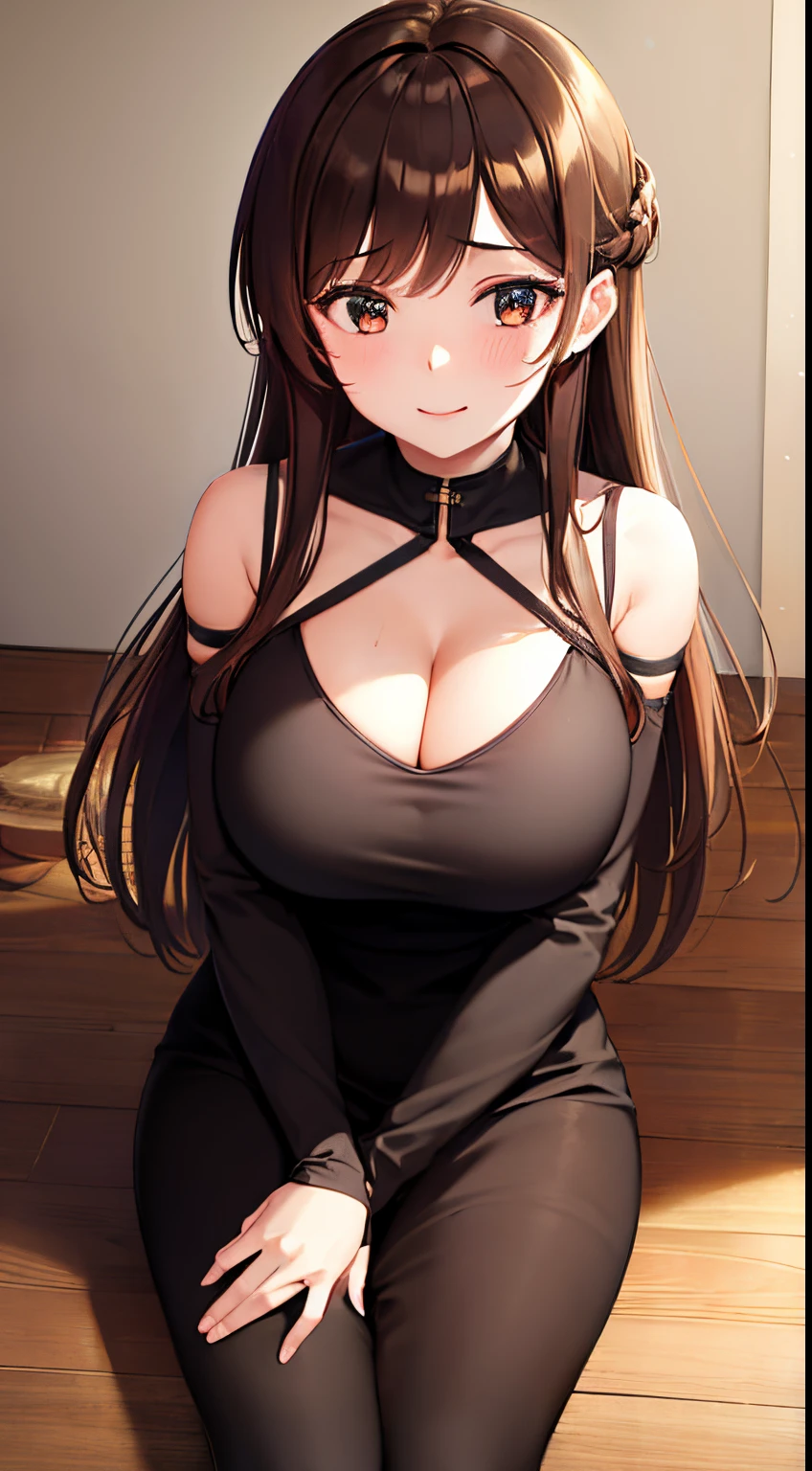 1 girl, long brown hair, very big breasts, very sexy body, smiling, wearing a black dress that shows off her cleavage