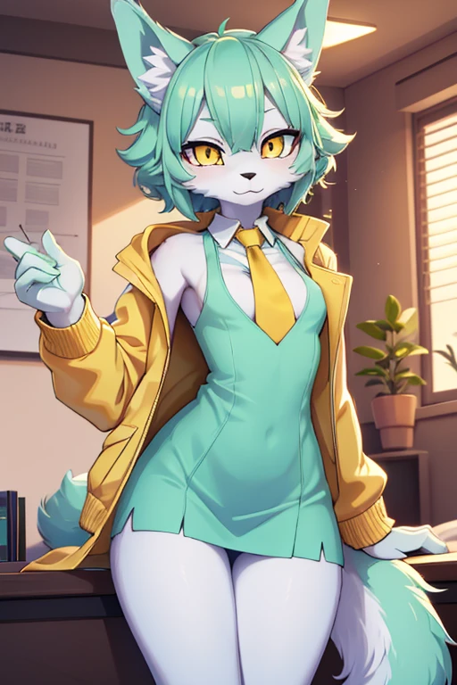 (best quality,4k,highres),beautiful wolf girl,small breasts,vibrant colours,apartment interior,mint green short fluffy hair,glowing yellow eyes,golden scientist jacket,gold necktie
