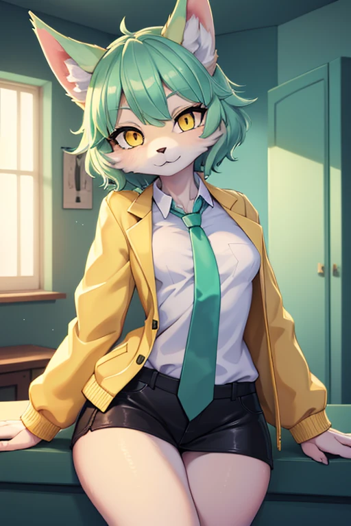 (best quality,4k,highres),beautiful wolf girl,small breasts,vibrant colours,apartment interior,mint green short fluffy hair,glowing yellow eyes,golden scientist jacket,gold necktie