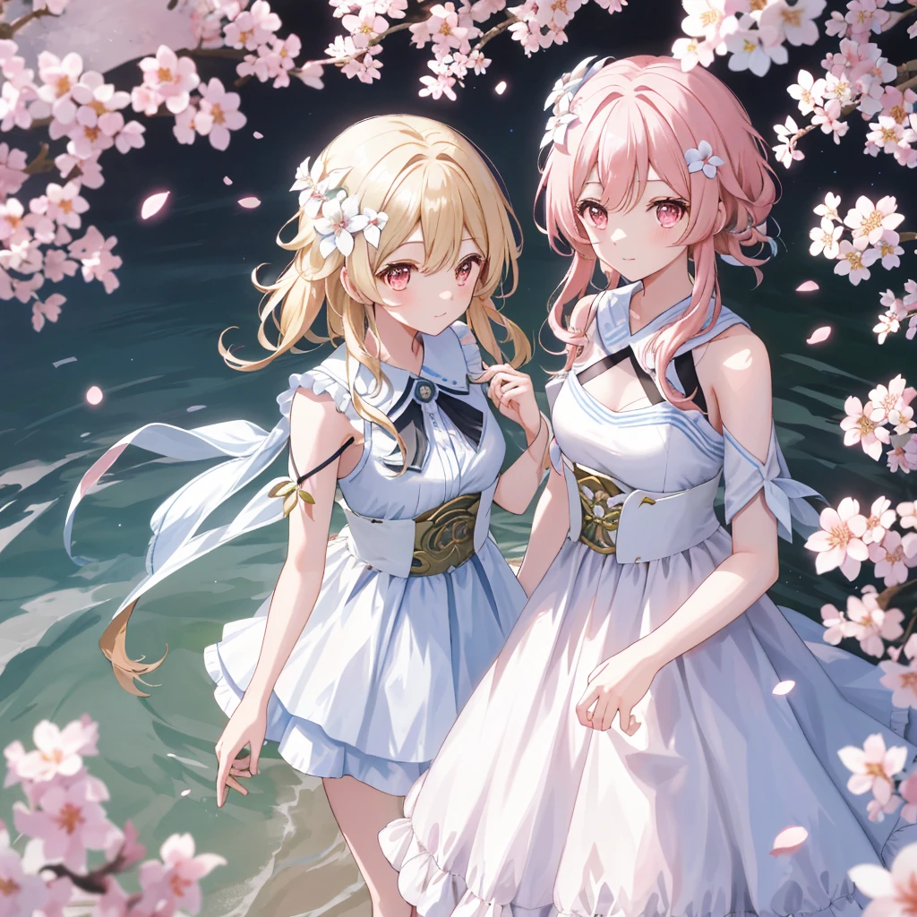 cherry_blossoms, falling_petals, petals, branch, pink_flower, 1girl,20-year-old, blue_sky, spring_\(season\), petals_on_liquid, flower, hanami, dress, (Long curly blonde hair:1.5), Wear a garland, outside sk,cloudy bangs,ssmile,a pink eyes,White dress embellished with cherry blossoms,of shoulders,耳Nipple Ring,best qualtiy。Perfect image quality。holding_flower,ventania,The tree,looking_at_viewer,cowboy shot,Detail Enhancement。