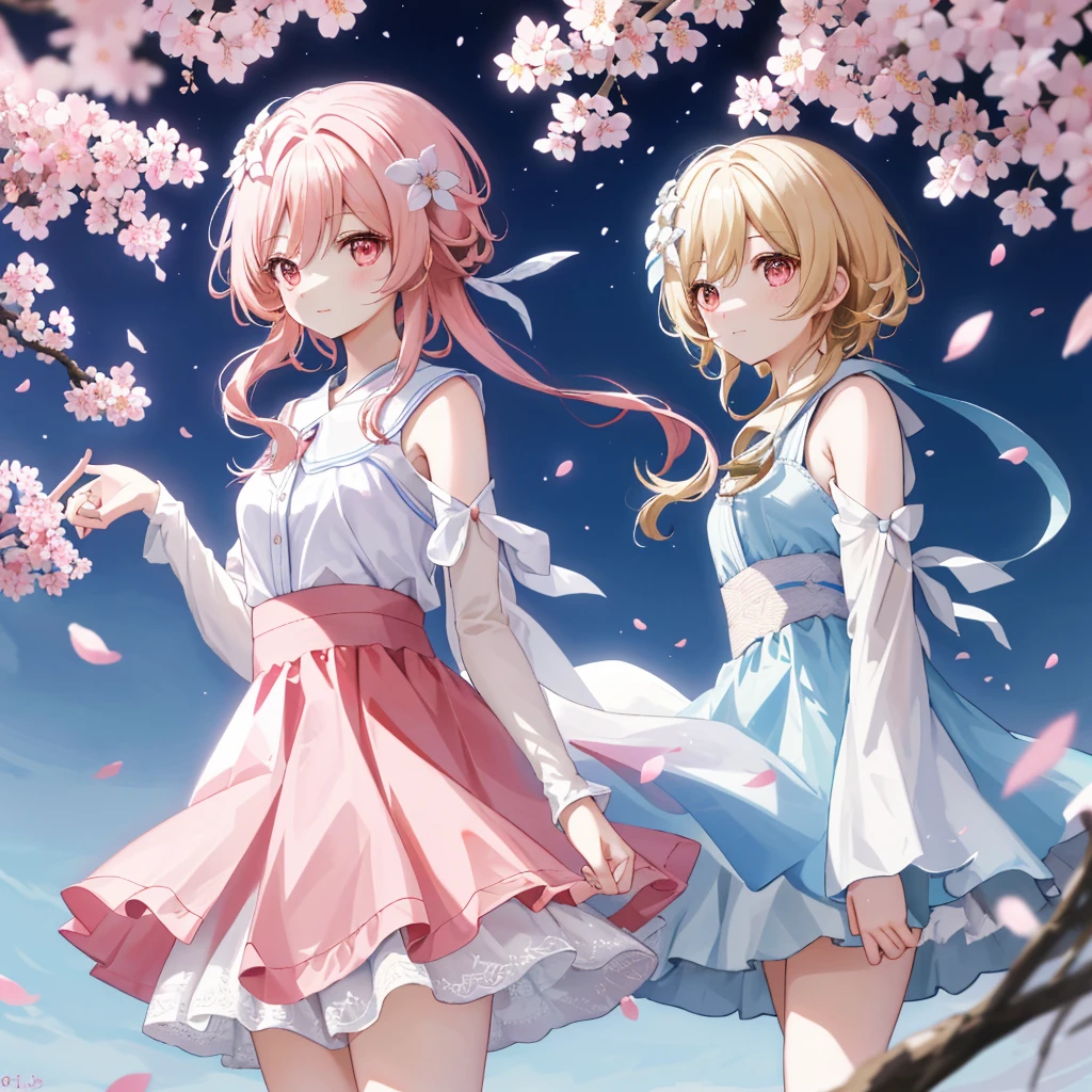 cherry_blossoms, falling_petals, petals, branch, pink_flower, 1girl,20-year-old, blue_sky, spring_\(season\), petals_on_liquid, flower, hanami, dress, (Long curly blonde hair：1.5), Wear a garland, outside sk，​​cloudy bangs，ssmile，a pink eyes，White dress embellished with cherry blossoms，of shoulders，耳Nipple Ring，best qualtiy。Perfect image quality。holding_flower，ventania，The tree，looking_at_viewer，cowboy shot，Detail Enhancement。