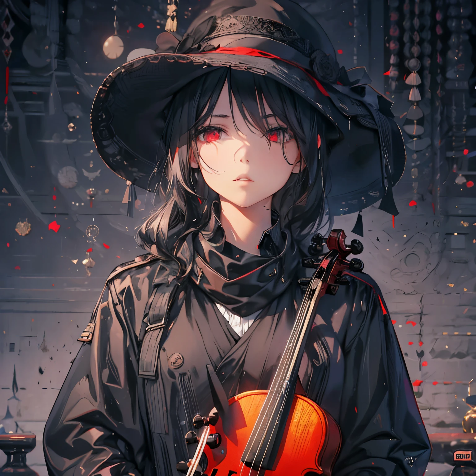 girl,20yr old,cabelos preto e longos,Qi bangs,red color eyes,Wearing a black French wide-brimmed hat,Wear a black trench coat,without showing face,Gauze wrapped around the neck,violin in hand