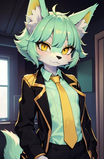 beautiful (wolf girl), (small breasts), vibrant colours, apartment interior, ((mint green short fluffy hair)), (glowing) yellow eyes, (golden jacket), ((black suit shirt)), ((gold necktie))