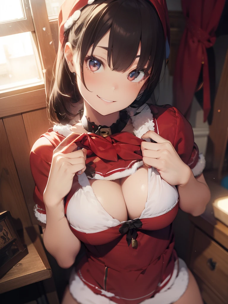 ultra-quality, ultla highres, Hyper Detailed, High contrast, Ultrafine Strike, creative refinement,A dark-haired,ssmile,Santa Claus Costume,Show cleavage,livingroom,5 fingers