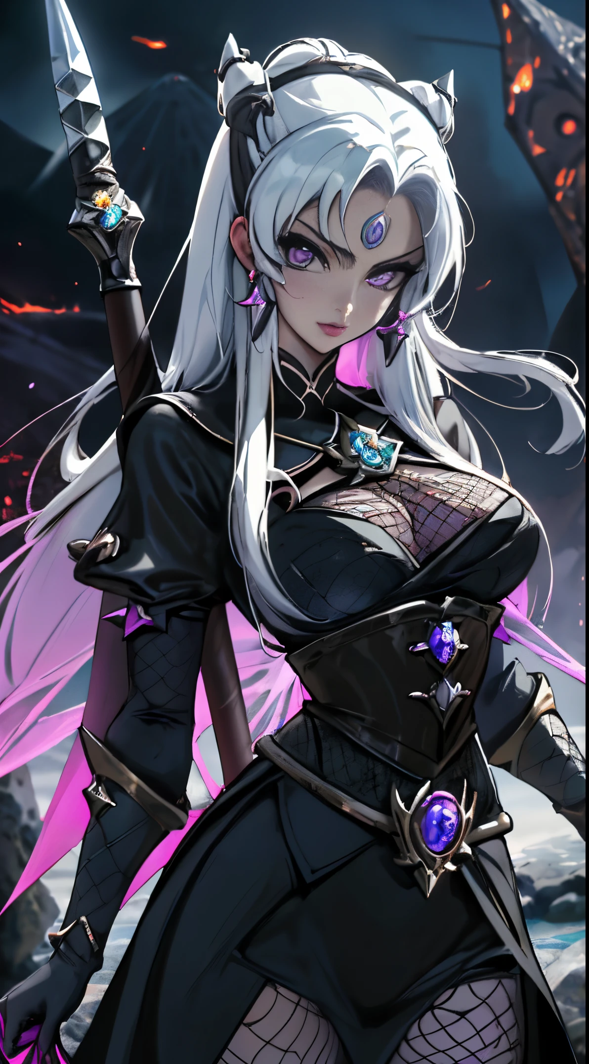 Ariana Grande con un traje morado sosteniendo una espada y una falda morada., anime , Chica anime , Masayoshi Suto y Artgerm, Samira de League of Legends, Irelia de League of Legends, Zhongli de Genshin Impact, Nico Robin, she is holding a long staff, knights of zodiac girl, (Ojos sutiles y hermosos :1.1),,More detailed 8K.motor irreal:1.4,UHD,La mejor calidad:1.4, fotorrealista:1.4, textura de la piel:1.4, obra maestra:1.8,obra-prima, mejor calidad,objeto Objeto], (detailed face features:1.3),((Las proporciones correctas)),convexo，(Dedos de camello)，(fishnet neon white:1.4),(Perfect anatomy),(fondo rocas grandes negro volcano colors:1.4)