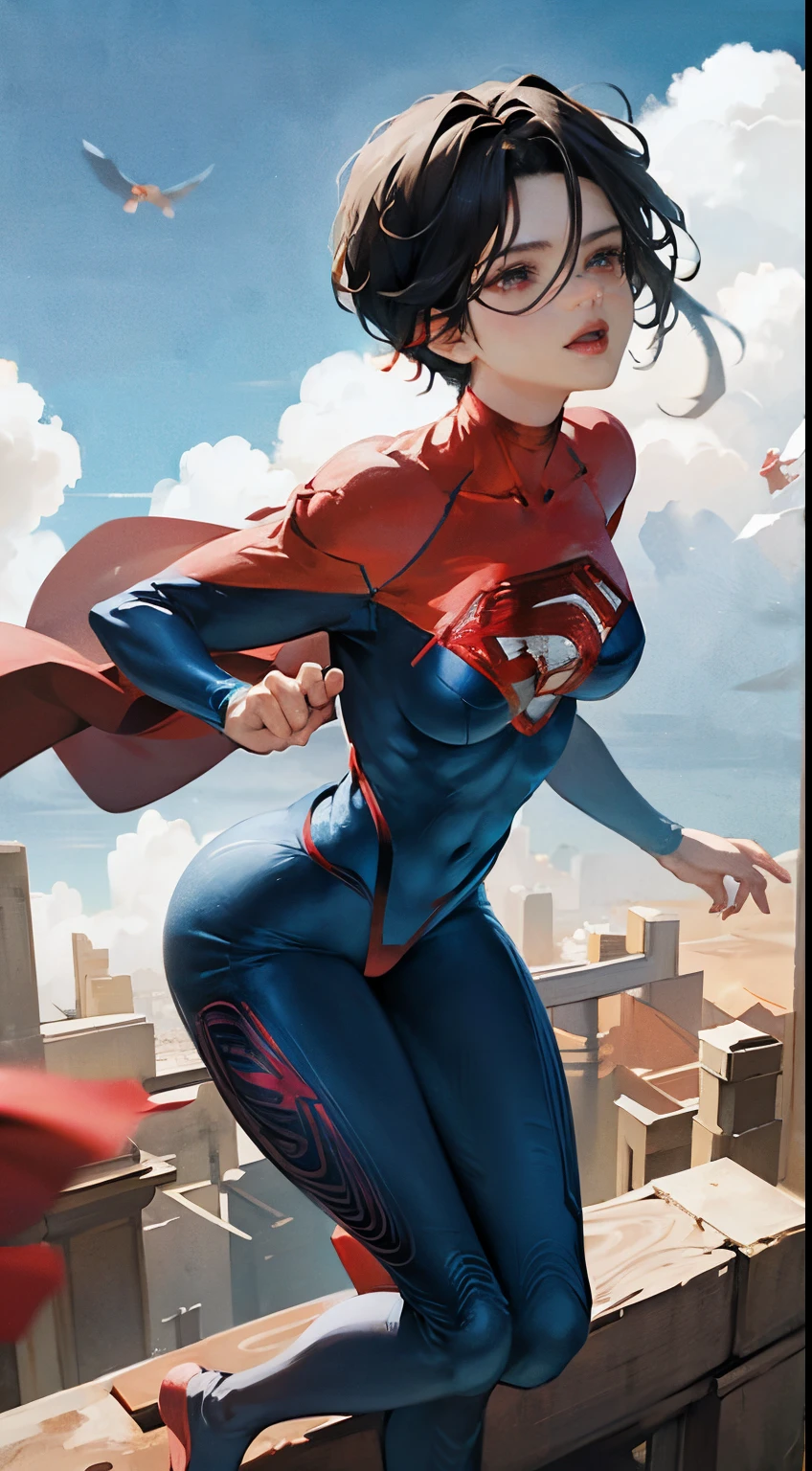 Anime perfect SUPERGIRL body woman, blue short hair, iluminated red eyes, red lips, perfect small breasts, flying between clouds  in ambient artic, perfect body, sexy smile, Supergirl