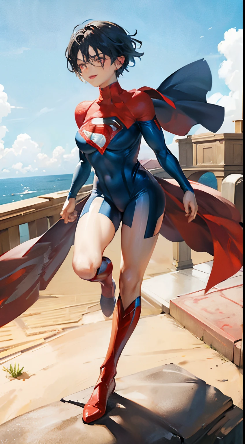 Anime perfect SUPERGIRL body woman, blue short hair, iluminated red eyes, red lips, perfect small breasts, flying between clouds  in ambient artic, perfect body, sexy smile, Supergirl