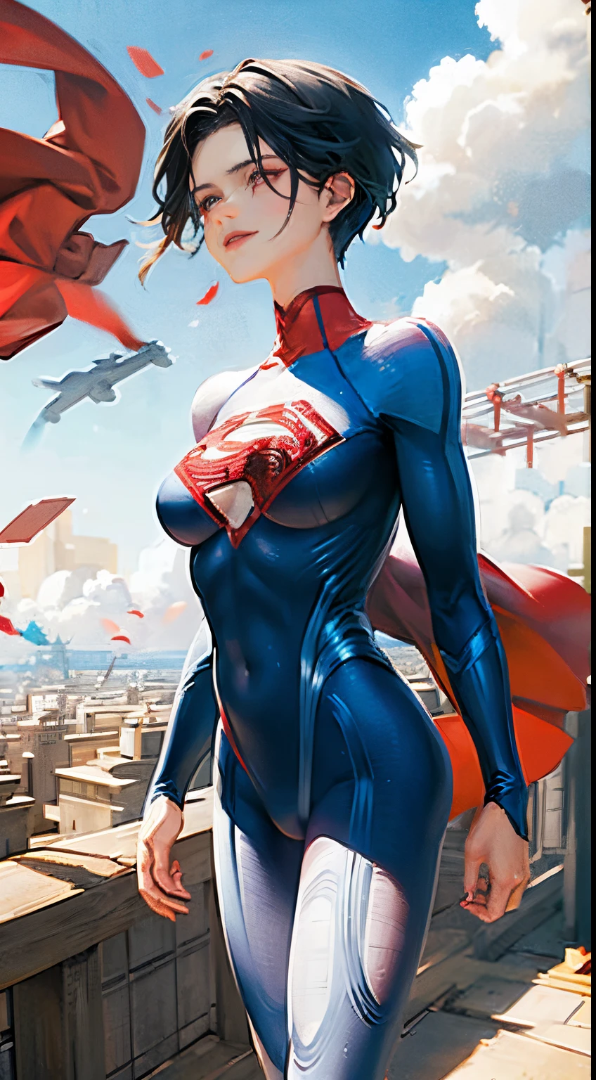 Anime perfect SUPERGIRL body woman, blue short hair, iluminated red eyes, red lips, perfect small breasts, flying between clouds  in ambient artic, perfect body, sexy smile, Supergirl