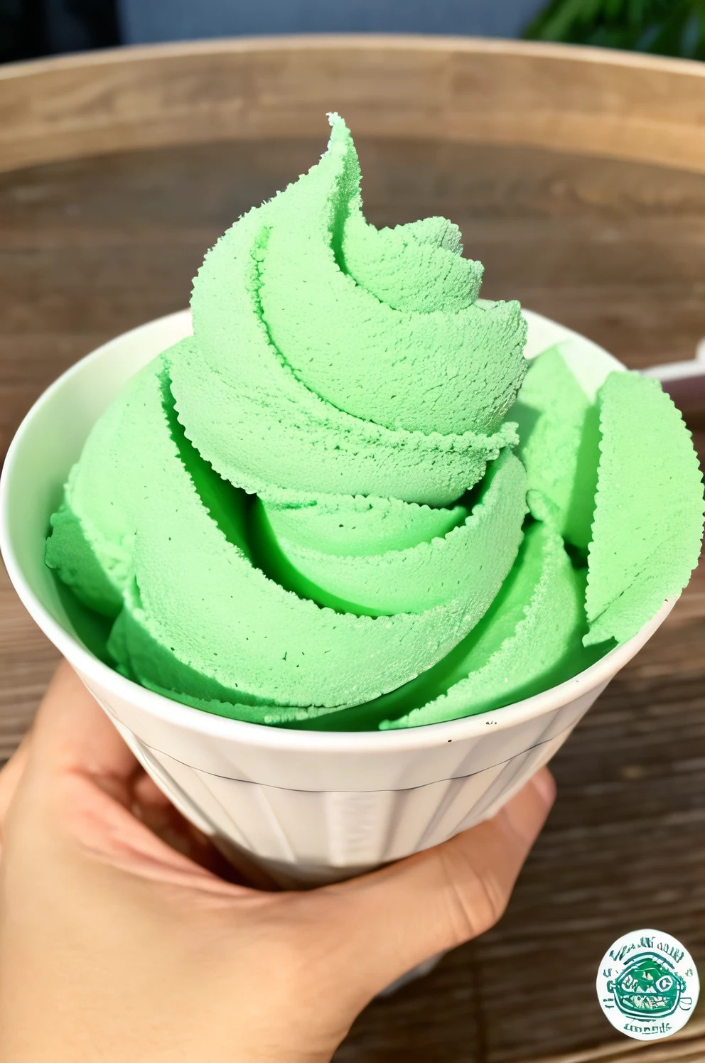 In the center is、there is a white cup。There is bright green matcha ice cream inside the cup..、the surface is smooth、There are slight ripples、Gives a creamy texture。。