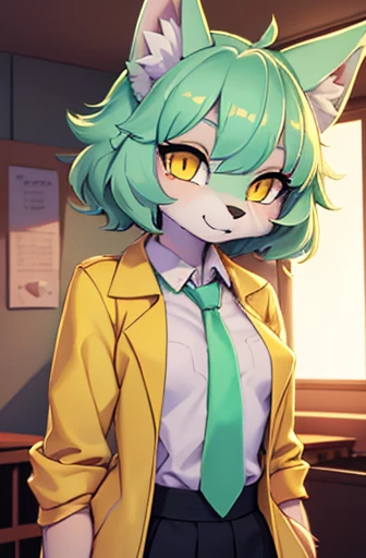 beautiful (wolf girl), (small breast size), vibrant colours, apartment interior, ((mint green short fluffy hair)), (glowing) yellow eyes, (golden scientist jacket), ((gold necktie)), fully clothed