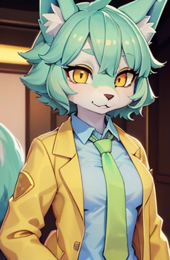 beautiful (wolf girl), (small breast size), vibrant colours, apartment interior, ((mint green short fluffy hair)), (glowing) yellow eyes, (golden scientist jacket), ((gold necktie)), fully clothed