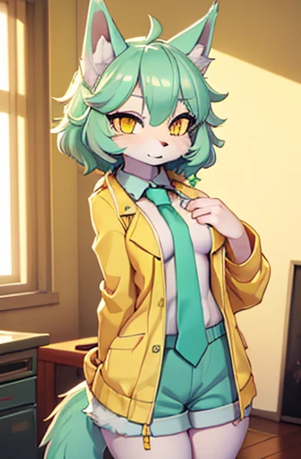 beautiful (wolf girl), (small breast size), vibrant colours, apartment interior, ((mint green short fluffy hair)), (glowing) yellow eyes, (golden scientist jacket), ((gold necktie)), fully clothed