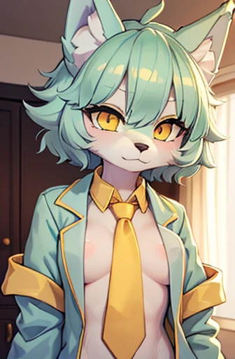 beautiful (wolf girl), (small breast size), vibrant colours, apartment interior, ((mint green short fluffy hair)), (glowing) yellow eyes, (golden scientist jacket), ((gold necktie)), fully clothed