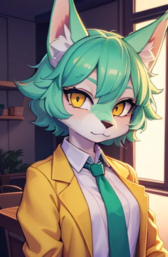 (best quality, vivid colors, portraits:1.2), beautiful wolf girl, vibrant colors, apartment interior, small breast size, mint green short fluffy hair, glowing yellow eyes, golden scientist jacket, gold necktie, fully clothed