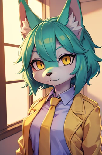 (best quality, vivid colors, portraits:1.2), beautiful wolf girl, vibrant colors, apartment interior, small breast size, mint green short fluffy hair, glowing yellow eyes, golden scientist jacket, gold necktie, fully clothed
