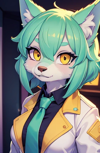 (best quality, vivid colors, portraits:1.2), beautiful wolf girl, vibrant colors, apartment interior, small breast size, mint green short fluffy hair, glowing yellow eyes, golden scientist jacket, gold necktie, fully clothed