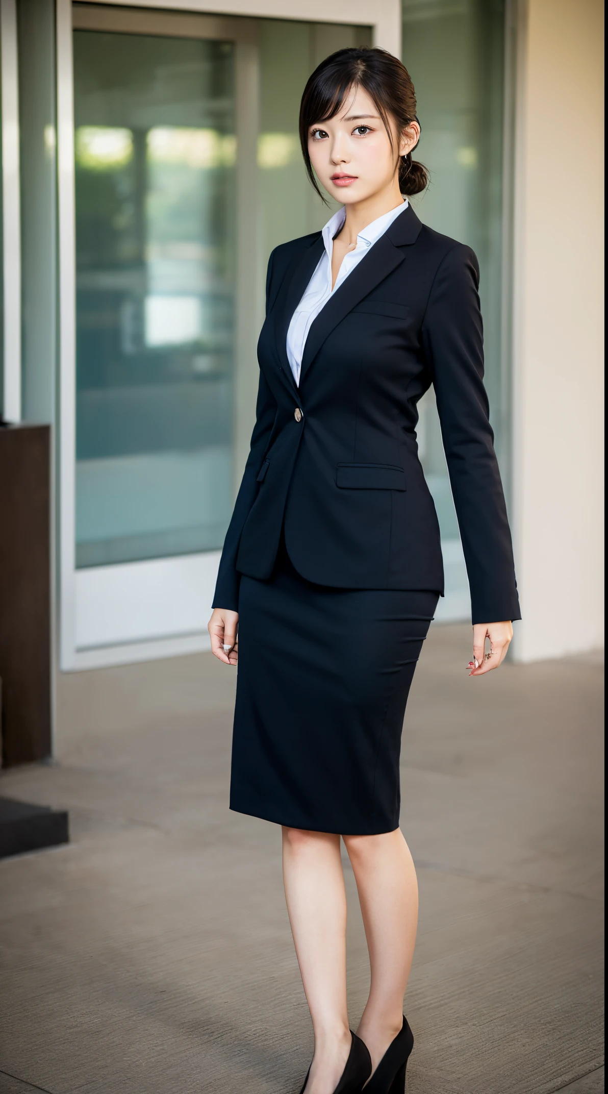 (masutepiece,High quality:1.3),(depth of fields:1.3) ,((front body:1.35)),  Japanese ,beautiful woman,Chignon,Black business suit,collared shirt, business skirt,Huge breasts,(Looking at Viewer:1.3),(Full body:1.1),