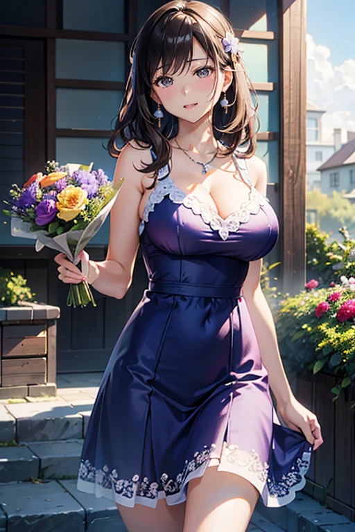 (masterpiece), ((top-quality)), (hight resolution), (extremely detailed CG unified 8k wallpaper), Photorealsitic, Vibrant colors, High-definition beauty face, beautiful hairl, Beautiful detailed eyes, ((lipgloss)), ((large full breasts)), kawaii girl, Model Standing, holding a bouquet of flowers, Diamond Necklace, Lavender-violet dress with beaded embroidery, garden, Flowers, Sunshine, gentle wind, (Soft lighting, rendered), Medium: Oil Painting, 35mm f/1.8, Captured with Sony FE GM
