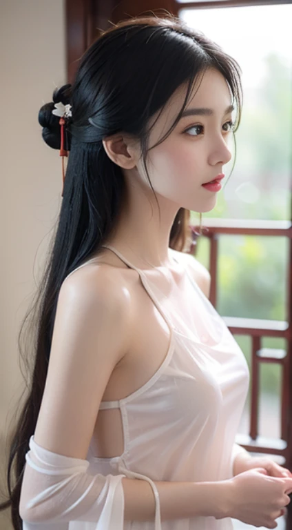 best qualtiy，resolution,unity 8k wallpaper,(illustration:1),perfect lighting,photo_\(medium\),photorealistic,realistic, finely detail,extremely detailed, Upper Body，Refined face，a cute 12 year old asian little girl，Slim body，Smaller bust，White transparent Hanfu，greasy(4:1)，Sweat Wet(7:1)，grimy(10:1), wet breasts, wet body，white cloths, see-through hanfu，wet and transparent Chinese traditional hanfu, wet and transparent white colour Hanfu ( black colour bra inside the cloth)