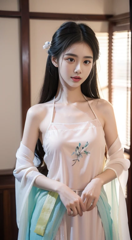 best qualtiy，resolution,unity 8k wallpaper,(illustration:1),perfect lighting,photo_\(medium\),photorealistic,realistic, finely detail,extremely detailed, Upper Body，Refined face，a cute 12 year old asian little girl，Slim body，Smaller bust，White transparent Hanfu，greasy(4:1)，Sweat Wet(7:1)，grimy(10:1), wet breasts, wet body，white cloths, see-through hanfu，wet and transparent Chinese traditional hanfu, wet and transparent white colour Hanfu ( black colour bra inside the cloth)